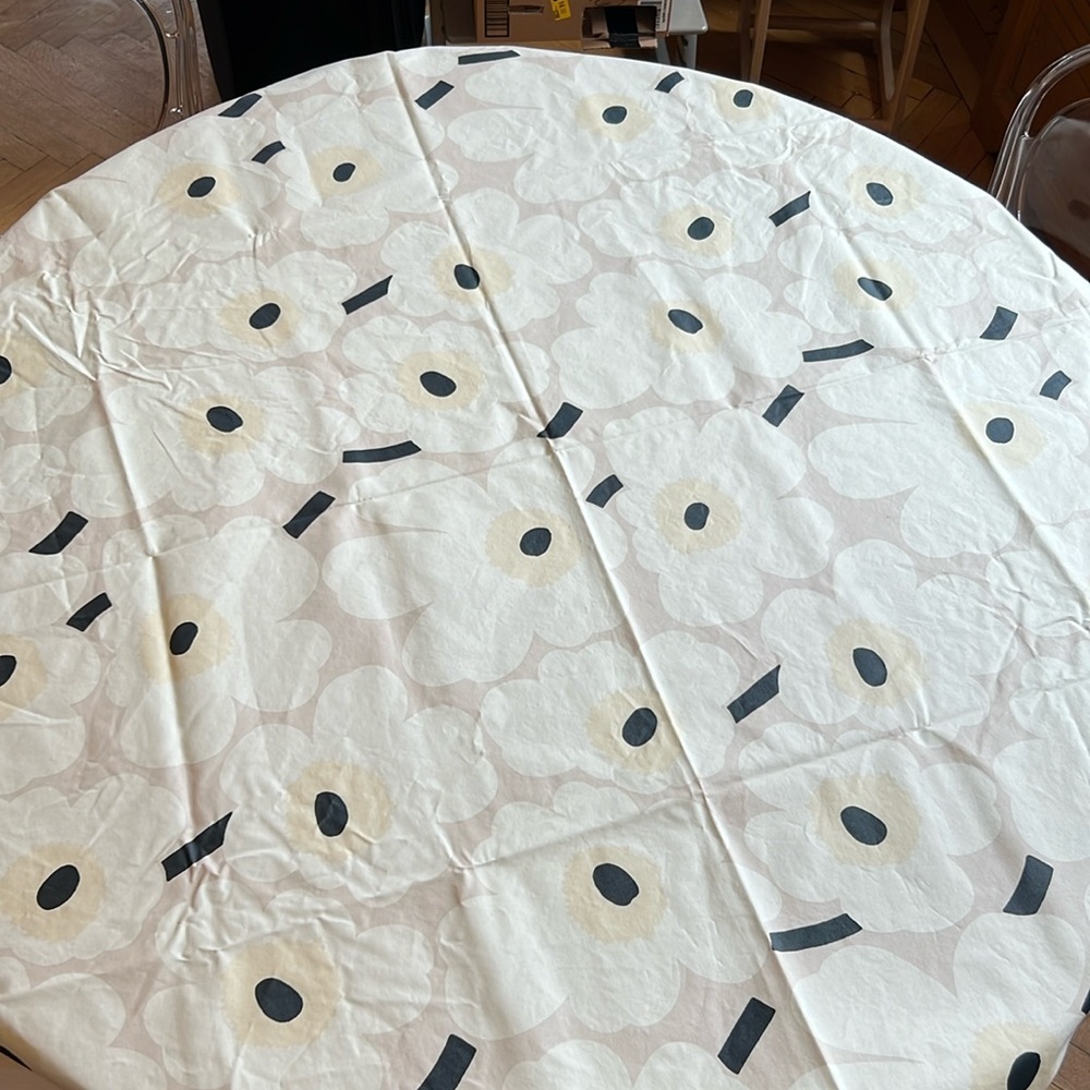 Marimekko Pieni Unikko 2 tablecloth 56” x 54.5” coated cotton hemmed beige cream